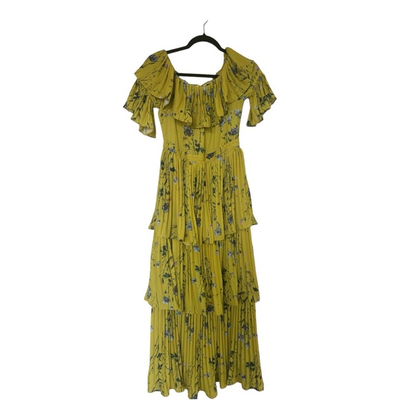 Aqua Pleated Tiered Floral Maxi Yellow Dress Size M - Picture 2 of 2